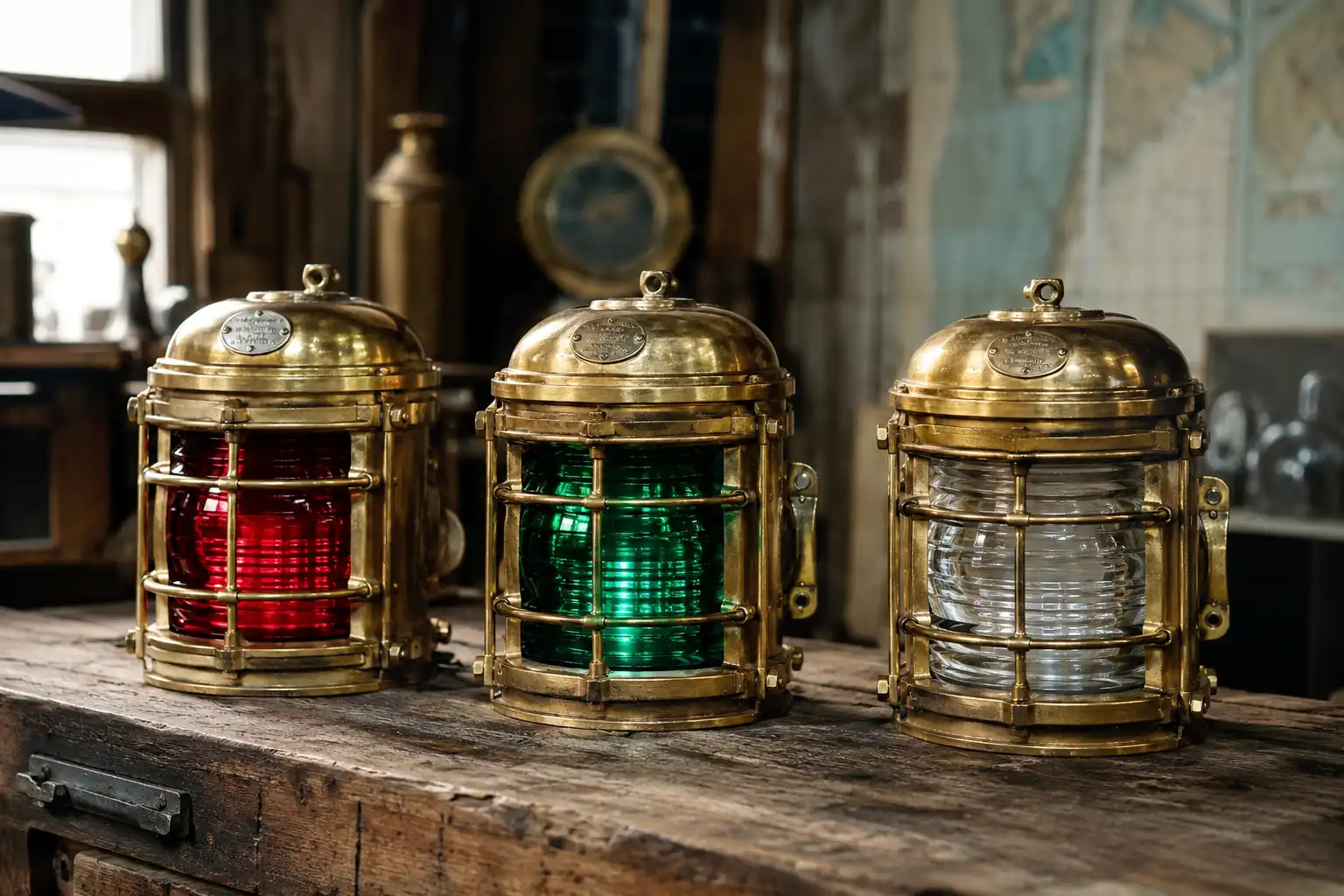 Salvaged nautical ship lights showing the red, green, and clear glass lens color code on a workbench