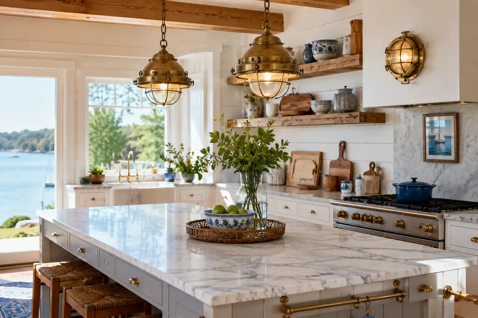 Brass nautical lights used as pendant and wall fixtures in a bright coastal kitchen