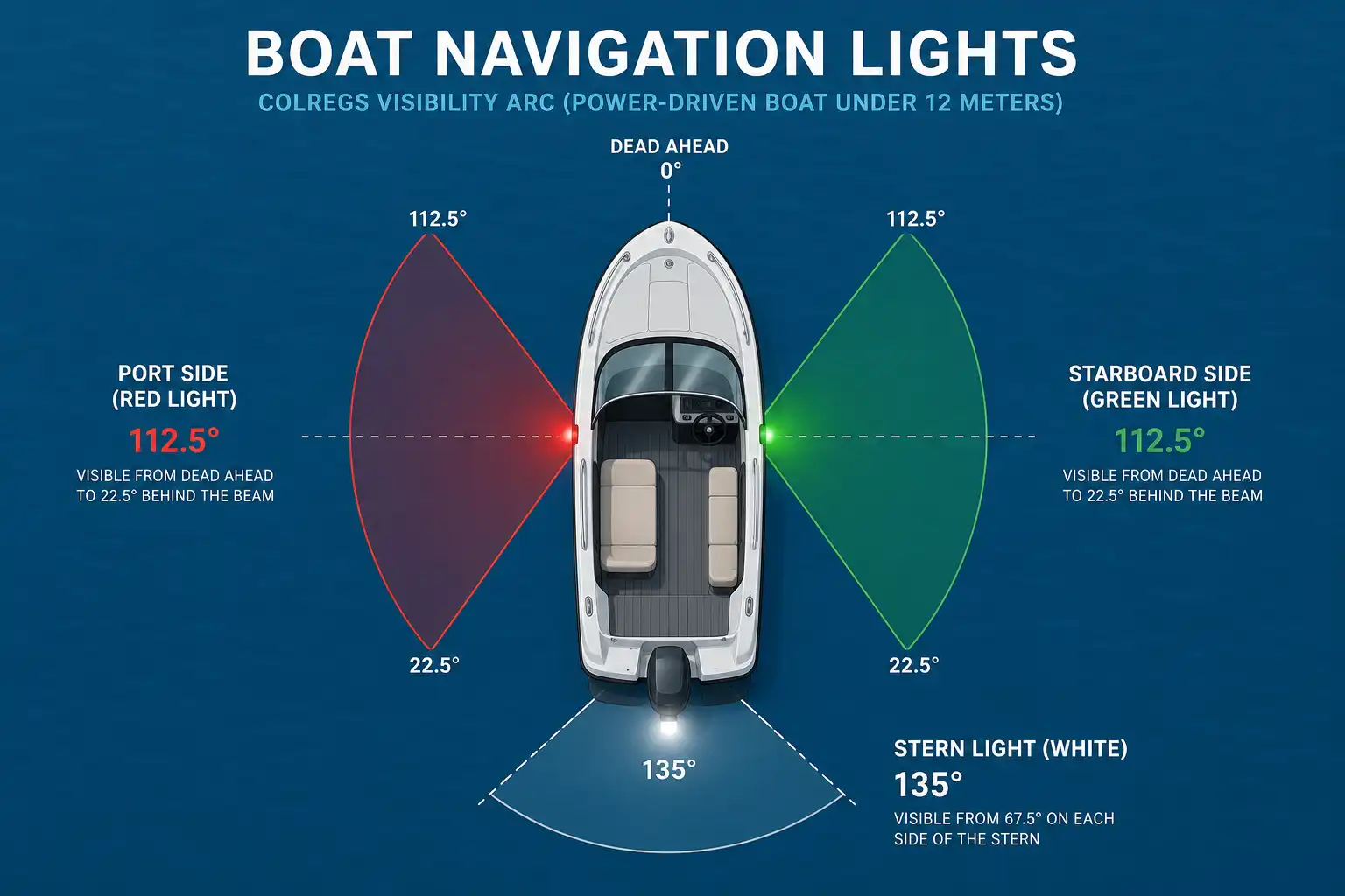 Diagram of nautical navigation light positions showing red port green starboard and white stern arcs