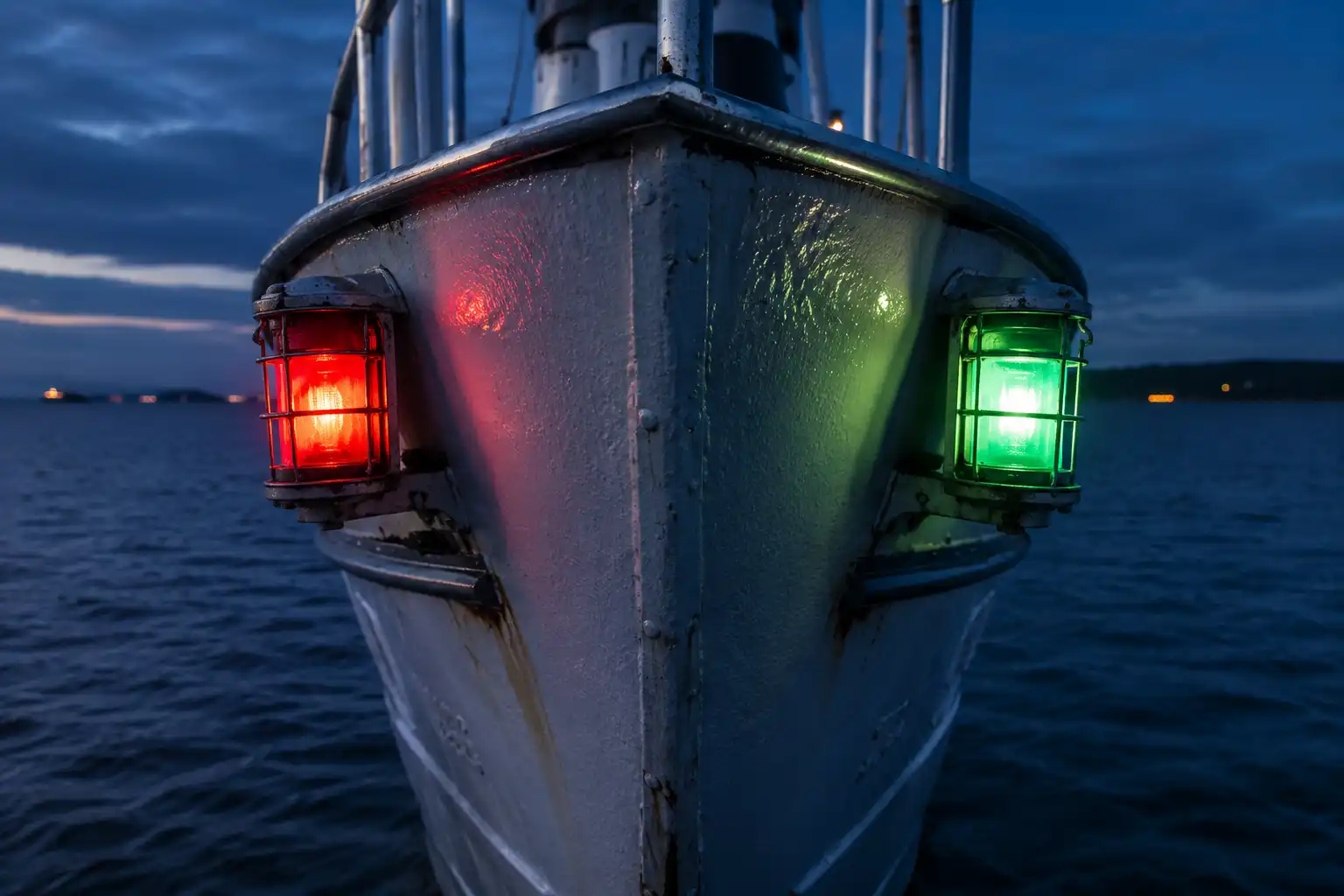 Red port and green starboard navigation lights glowing on a ship bow at dusk