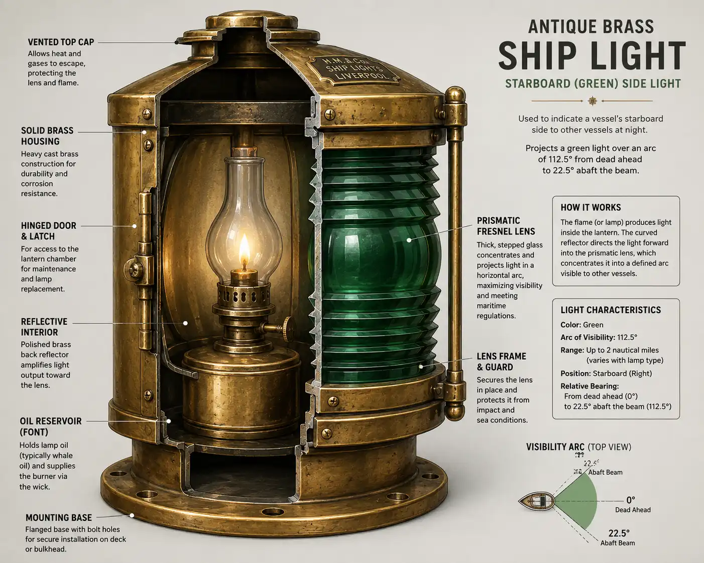 Cutaway of an antique brass ship light about the bulb, green glass lens, and metal housing that make it work