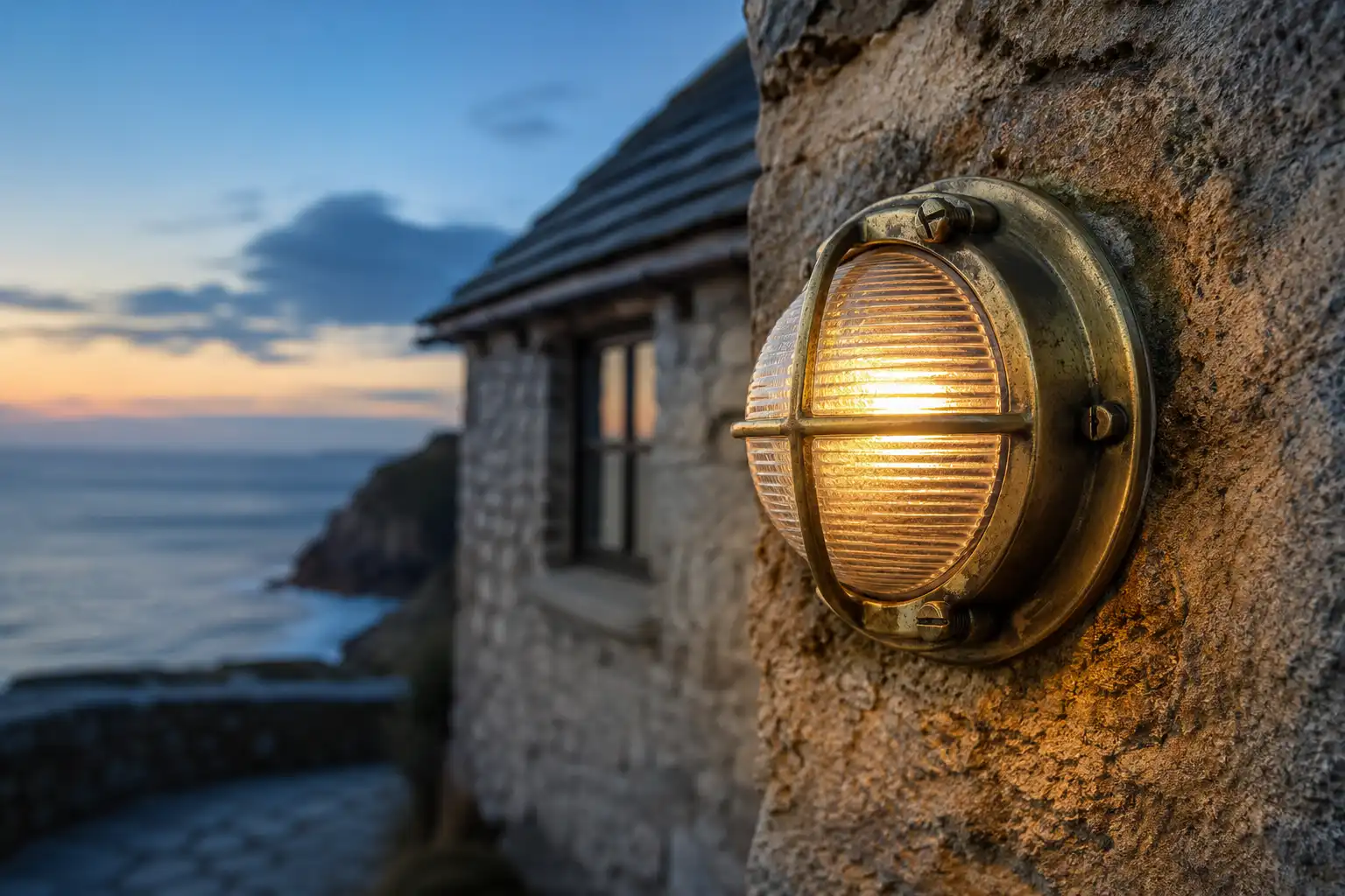 Brass bulkhead light installed on a coastal stone wall glowing warm at dusk