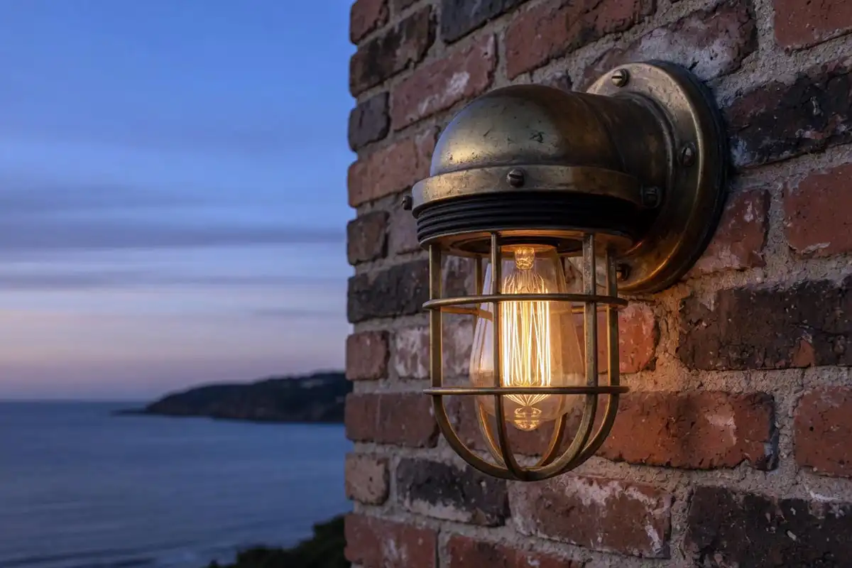 Rewired brass bulkhead light glowing on an outdoor brick wall after safe nautical light wiring