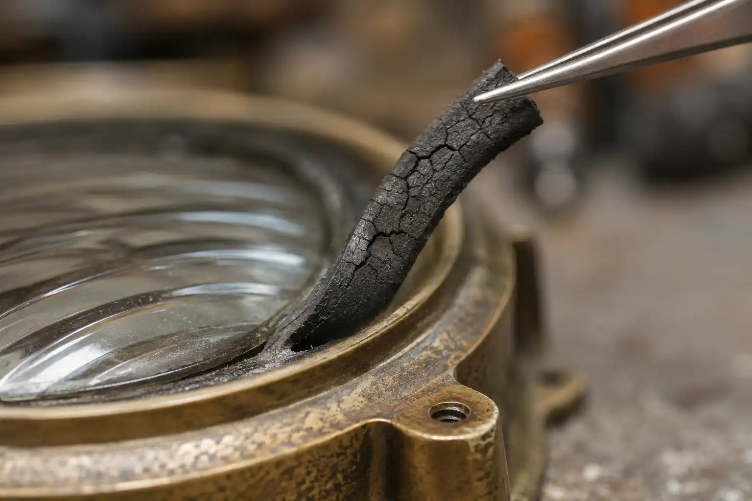 Cracked rubber gasket removed from an antique brass bulkhead light in Chattogram, Bangladesh