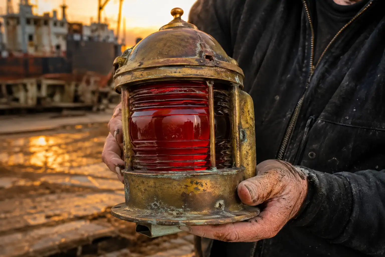 Salvaged red glass ship sidelight held under yard lights at a Bangladesh ship breaking yard
