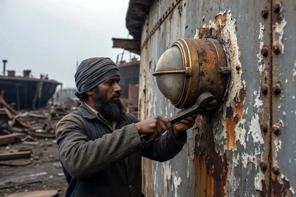 Yard worker in Chattogram Bangladesh unbolting a brass bulkhead nautical light from a rusted ship cabin wall