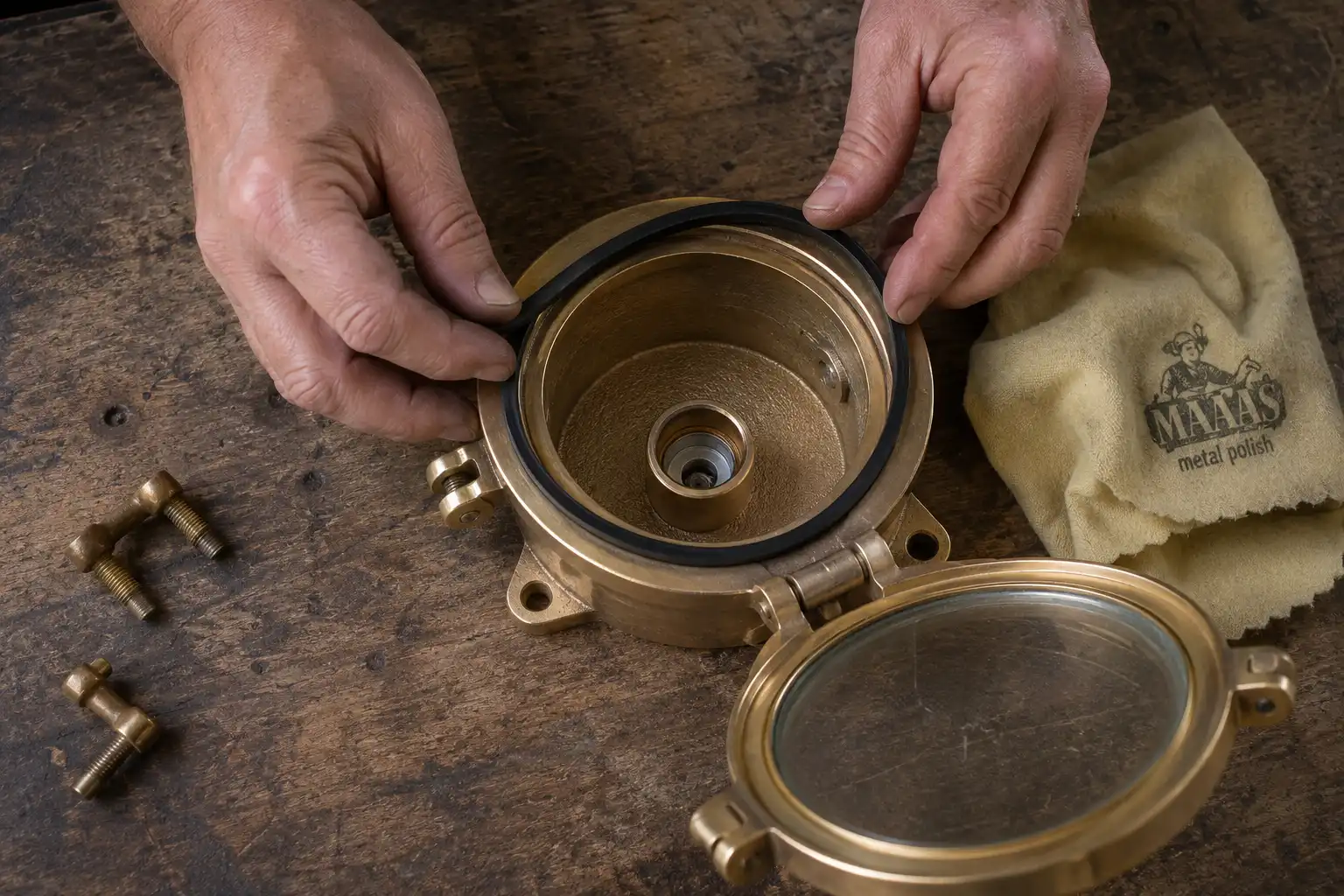 Hands fitting a new rubber gasket into a brass ship deck light salvaged in Chattogram, Bangladesh