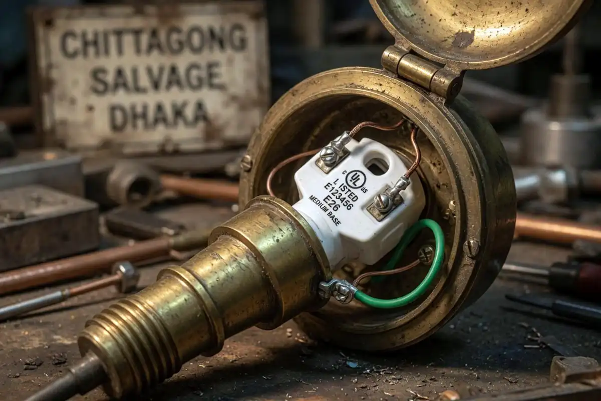 Rewiring a salvaged brass nautical light with a UL listed socket in a Chattogram salvage workshop