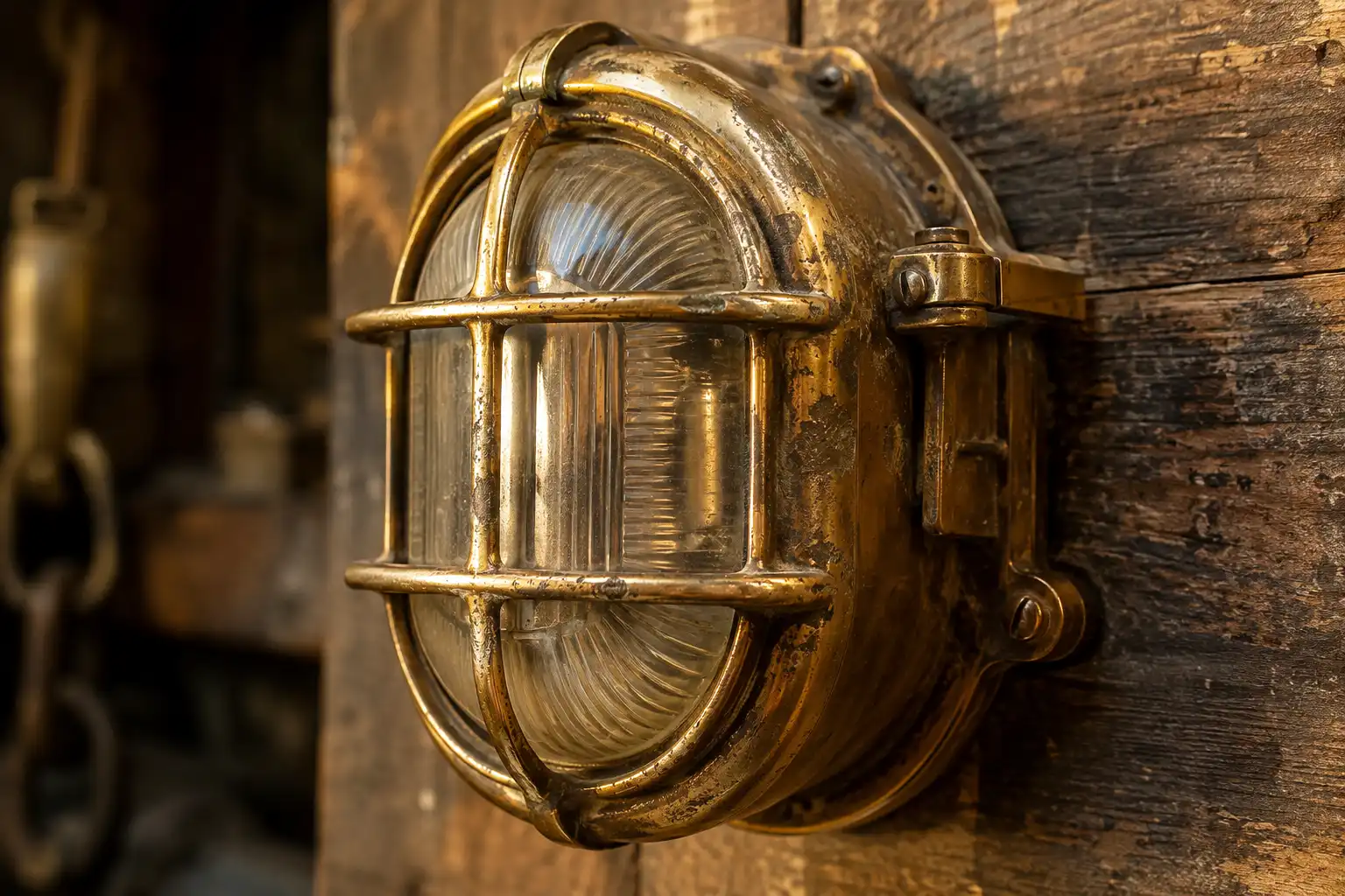 Antique brass bulkhead light salvaged from a ship by Marine Salvage Antiques in Bangladesh