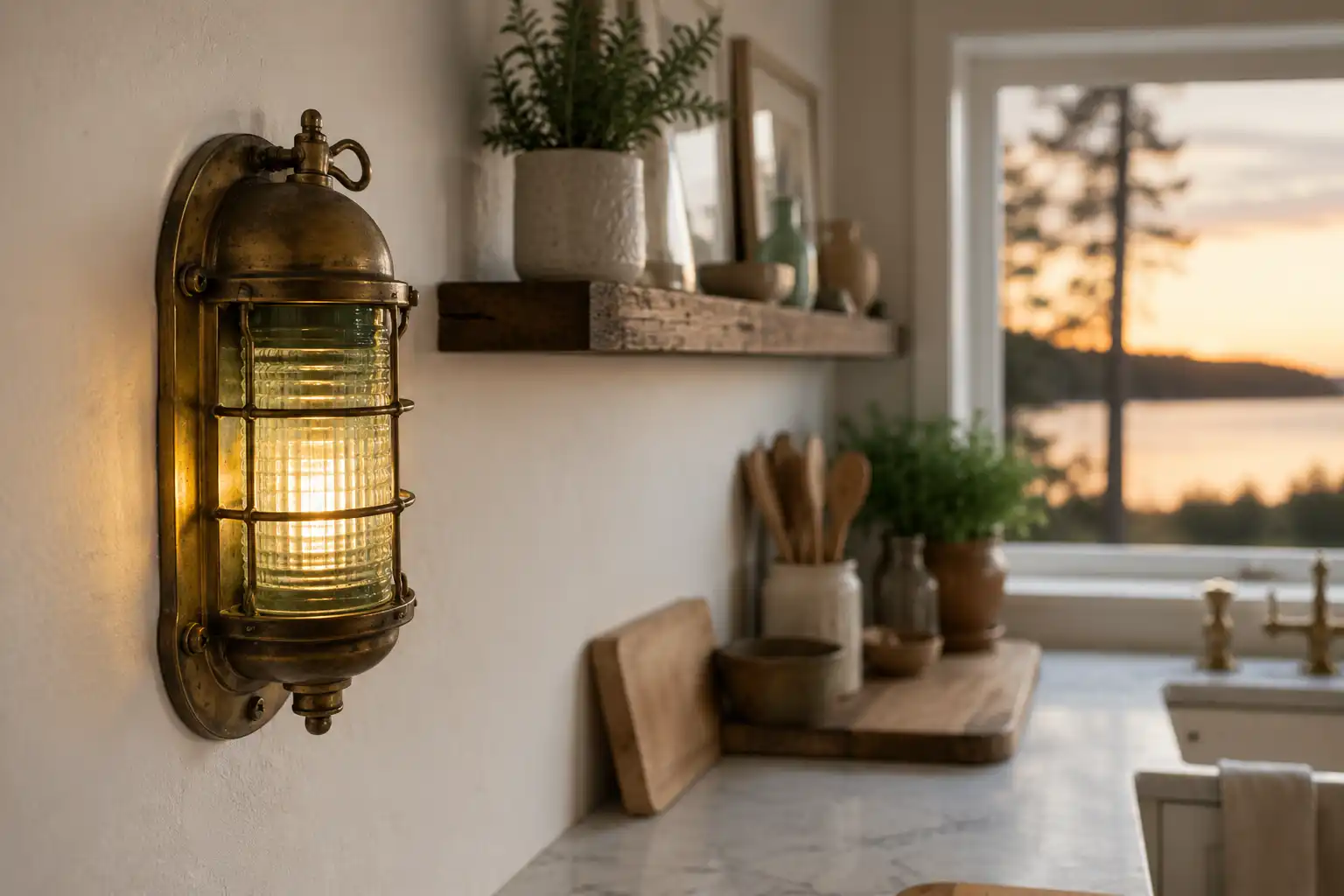 Salvaged brass nautical light glowing green on a coastal kitchen wall, restored in Bangladesh
