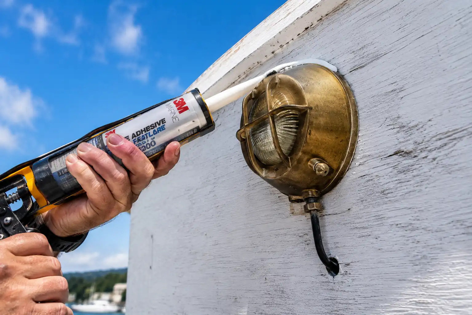 Applying marine sealant while installing a brass nautical deck light on a coastal exterior wall