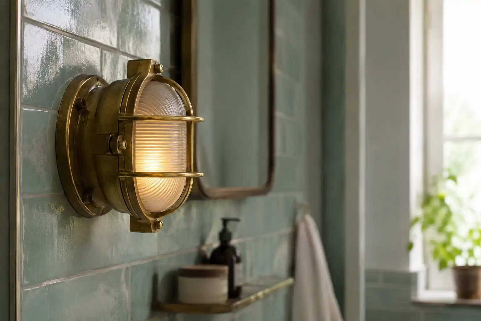 Compact brass bulkhead light mounted on a narrow bathroom wall, salvaged in Chattogram Bangladesh