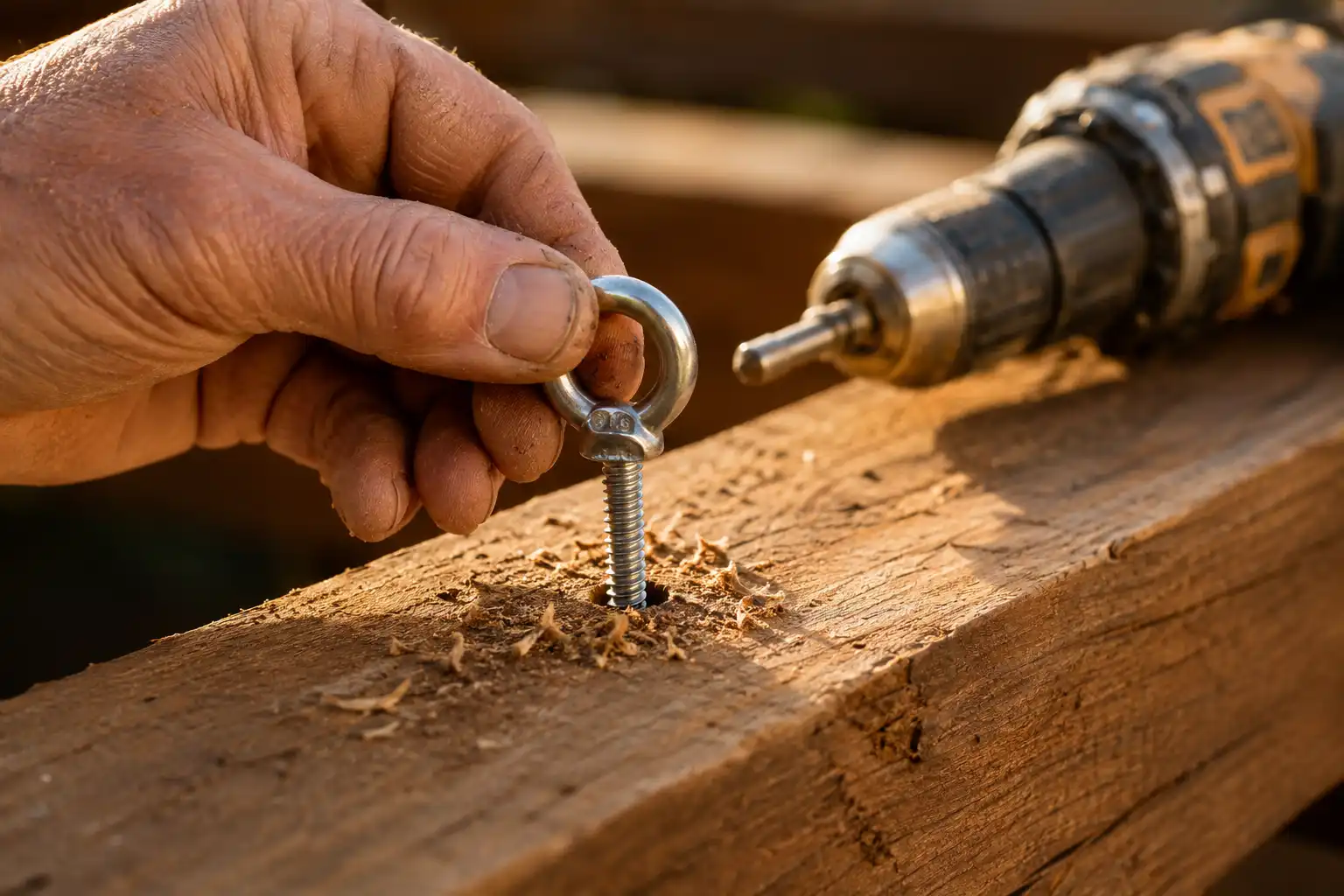 Marine grade stainless lag eye bolt driven into a cedar pergola beam to carry a heavy salvaged light