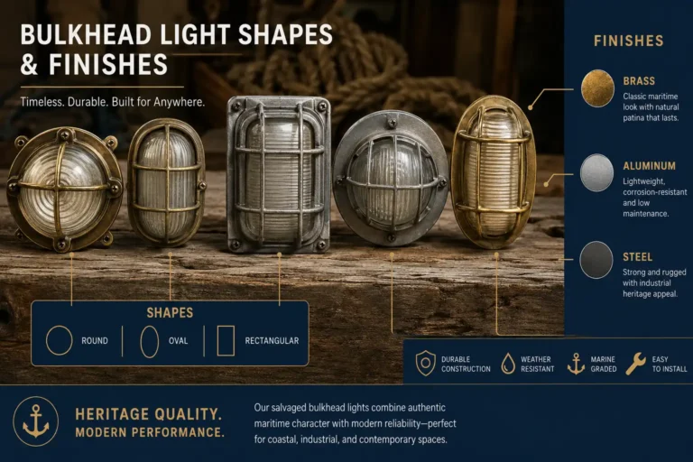 Infographic about the main types of bulkhead lights by shape and material, from Marine Salvage & Antiques in Bangladesh