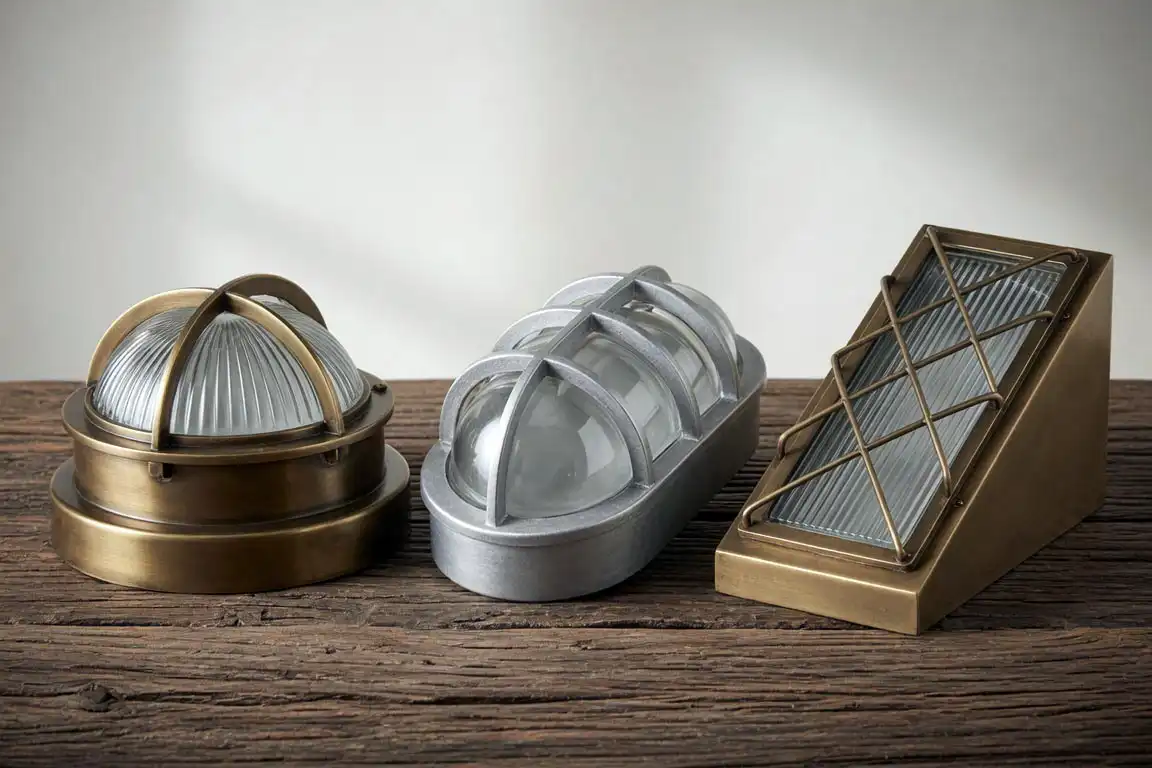 Three salvaged nautical wall lights lined up, round brass bulkhead, oval aluminum, and long passageway styles