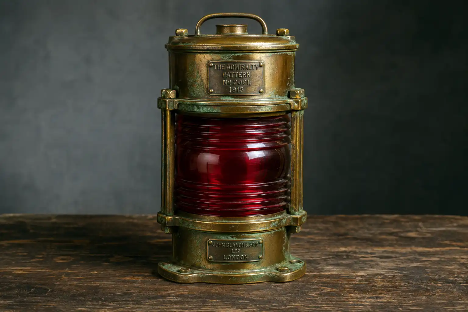 Vintage brass ship sidelight with a red lens recovered from an old cargo vessel