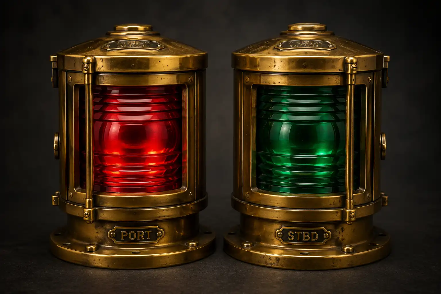 Vintage brass port and starboard ship sidelights from Marine Salvage Antiques in Bangladesh, red and green lenses