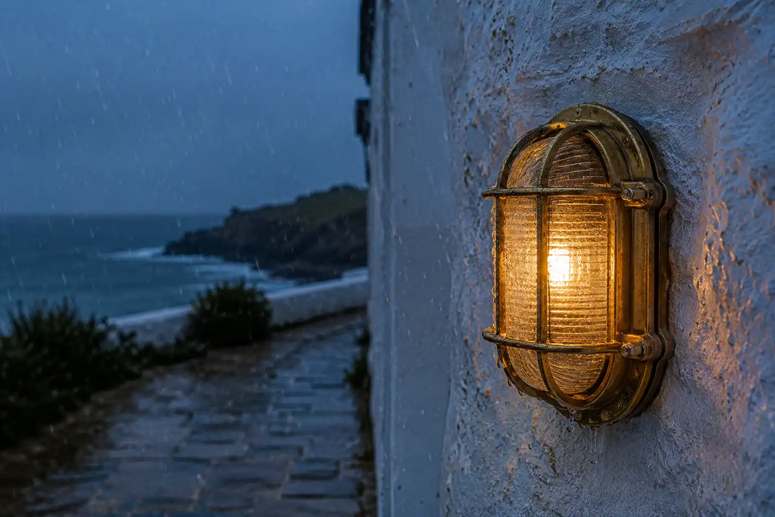 Salvaged ship bulkhead light mounted on a coastal exterior wall shedding heavy rain