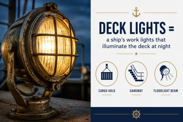 Infographic about what deck lights are beside a brass ship deck floodlight, Marine Salvage Antiques Bangladesh