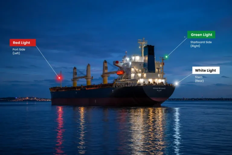 Infographic about what color are nautical lights: red port, green starboard, white stern on a ship at dusk