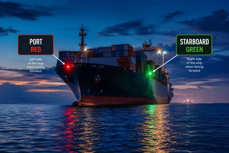 Infographic about why nautical lights are red and green, red for port and green for starboard on a ship