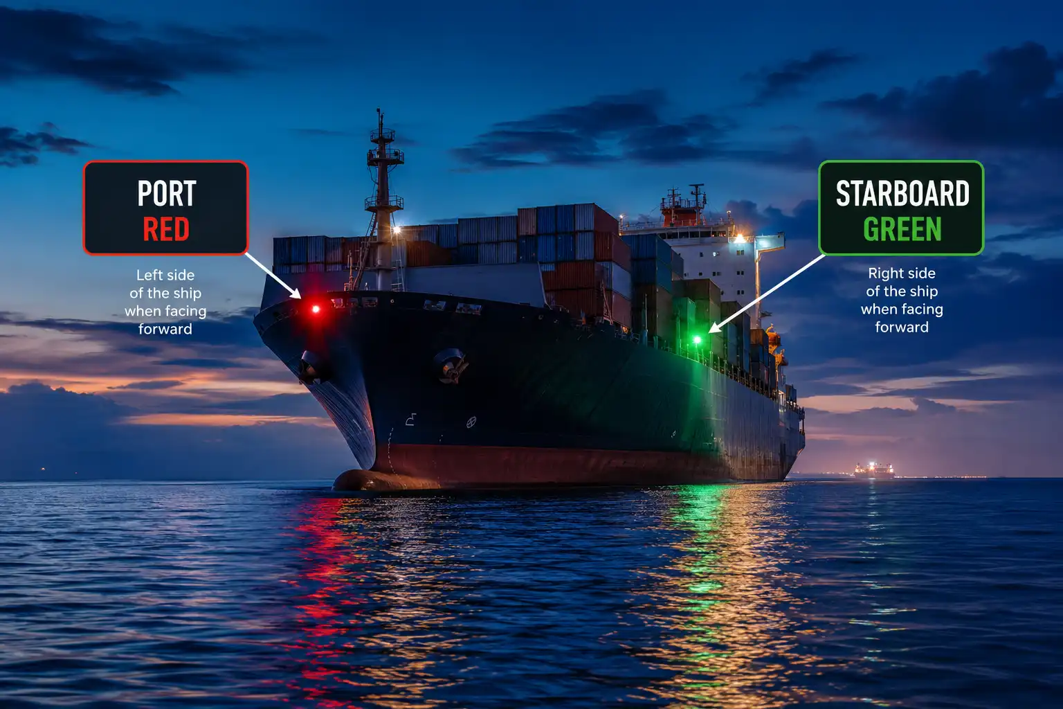 Infographic about why nautical lights are red and green, red for port and green for starboard on a ship