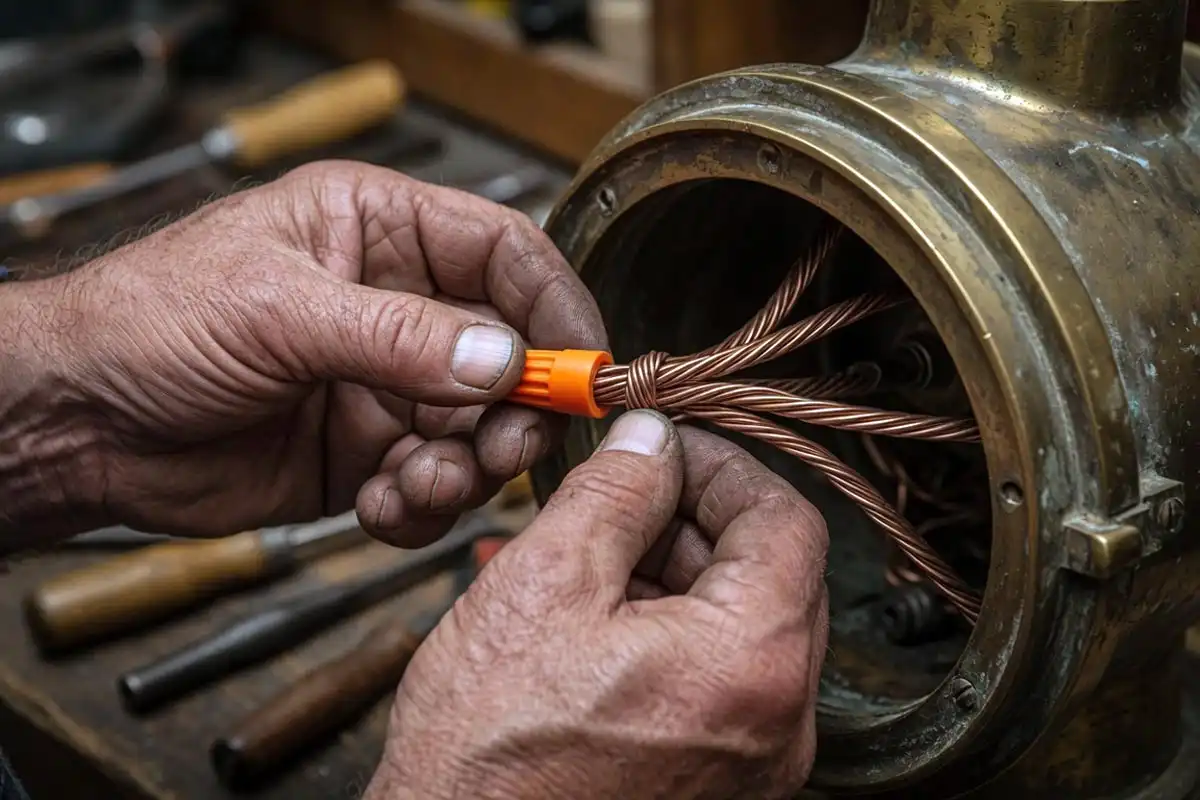 Worker connecting wires inside a brass ship light during rewiring at a Chattogram salvage workshop