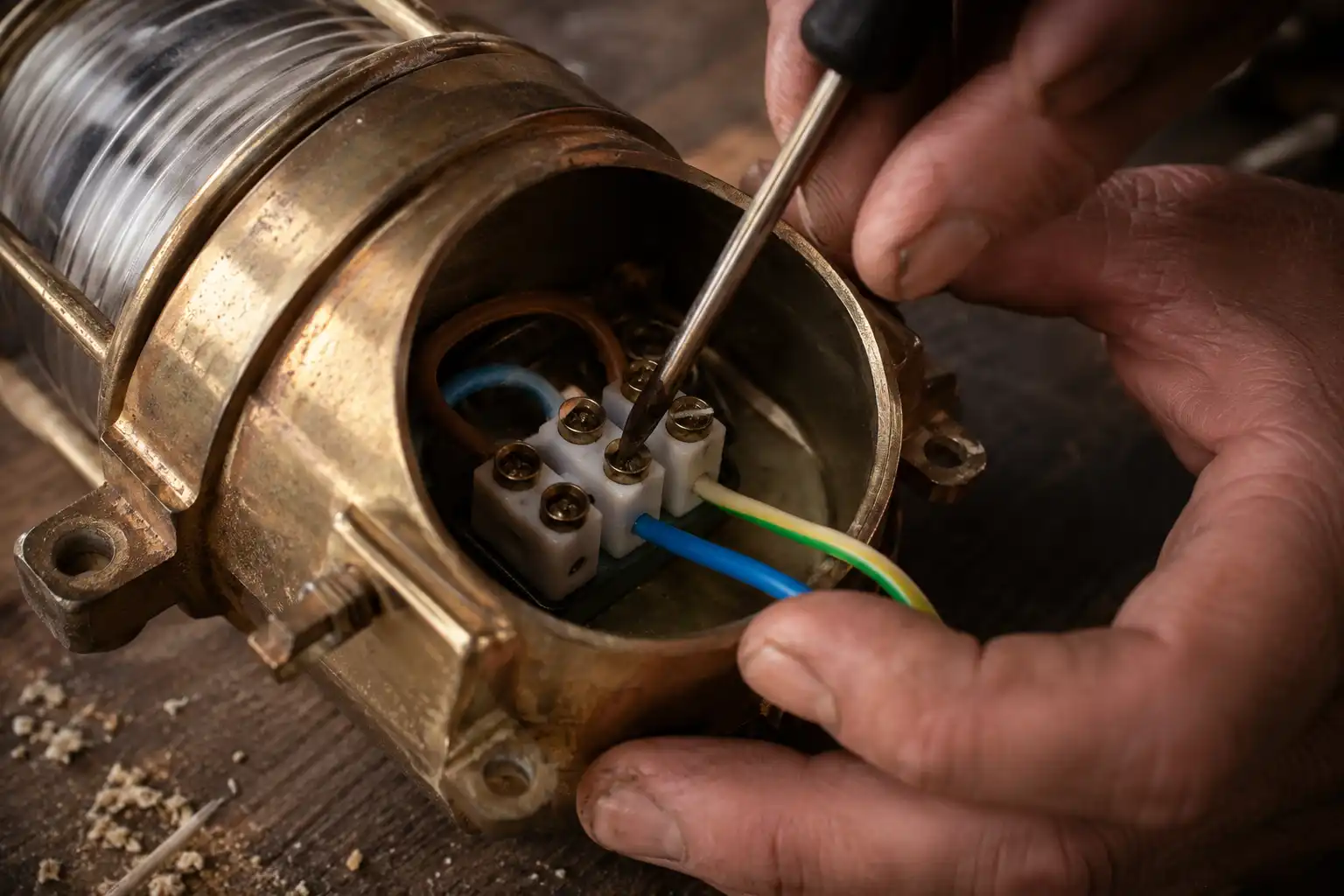 wiring the terminal block inside a salvaged brass bulkhead light at our Bangladesh workshop