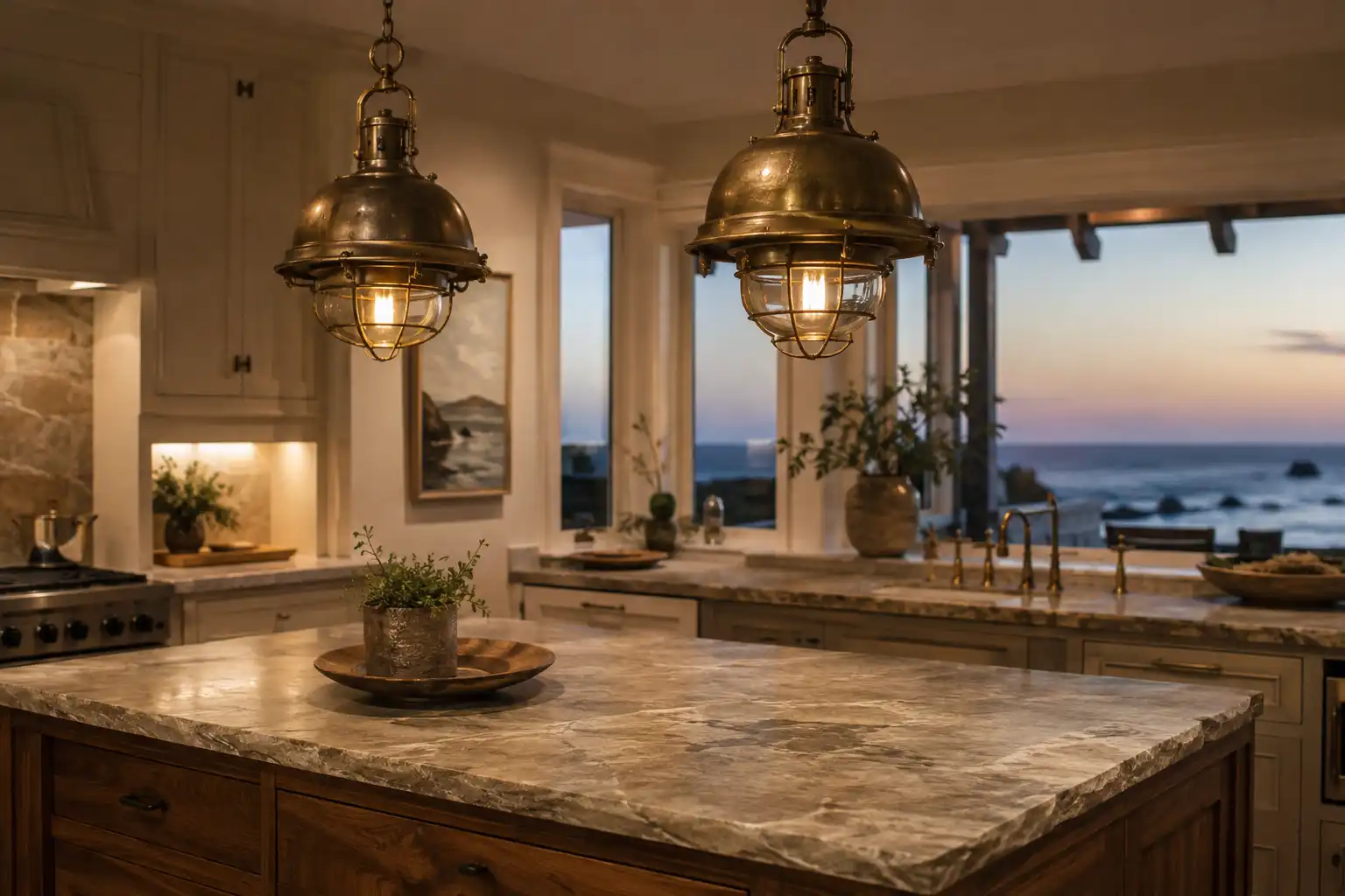 Brass ship pendant lights from our Chattogram salvage yard hanging over a coastal kitchen island