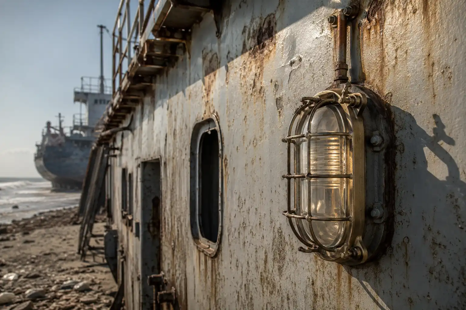 Caged brass bulkhead light bolted to a steel deck wall on a ship in Chattogram, Bangladesh