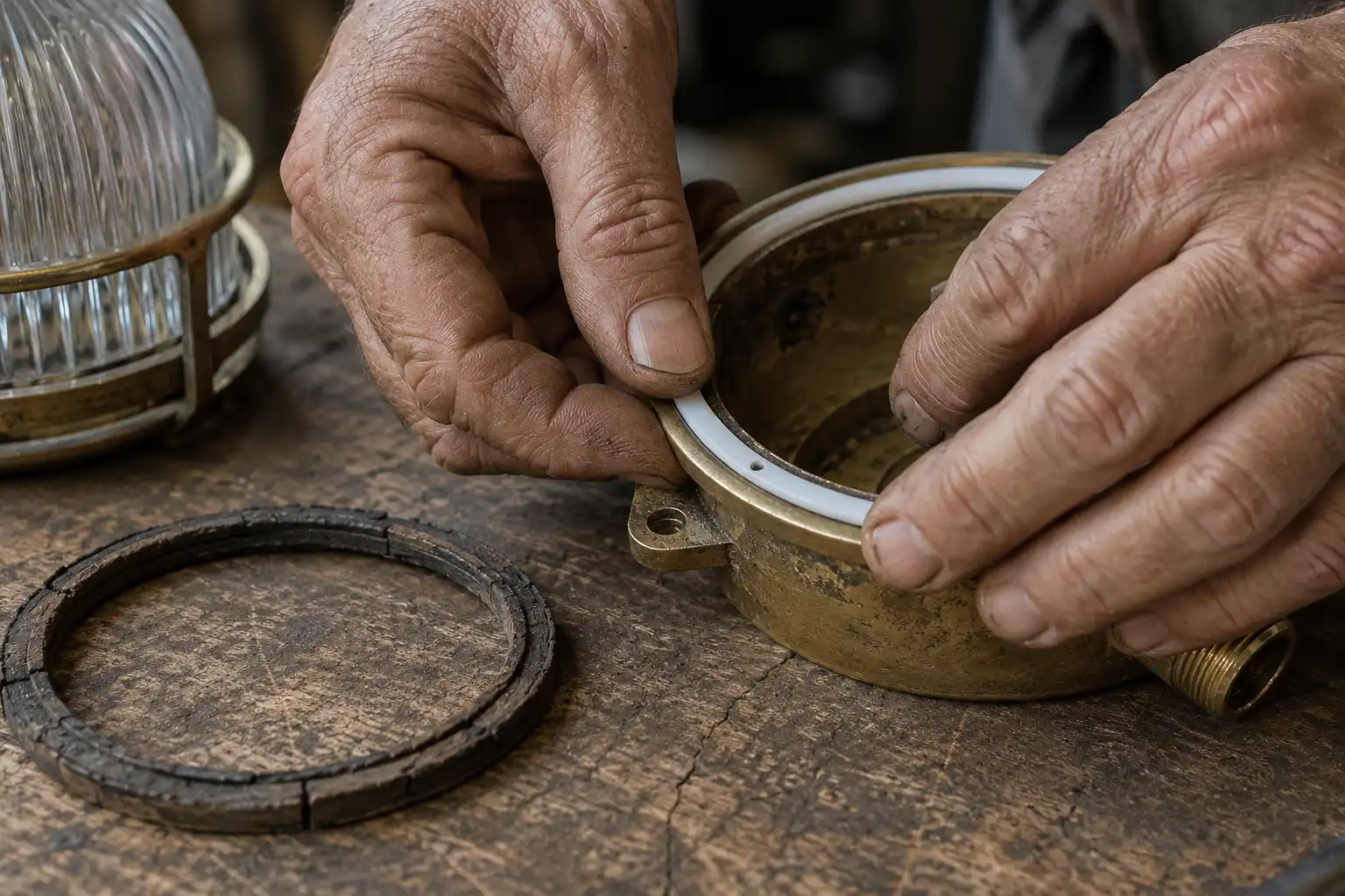 Fitting a new silicone gasket into an antique brass marine deck light at our Chattogram workshop