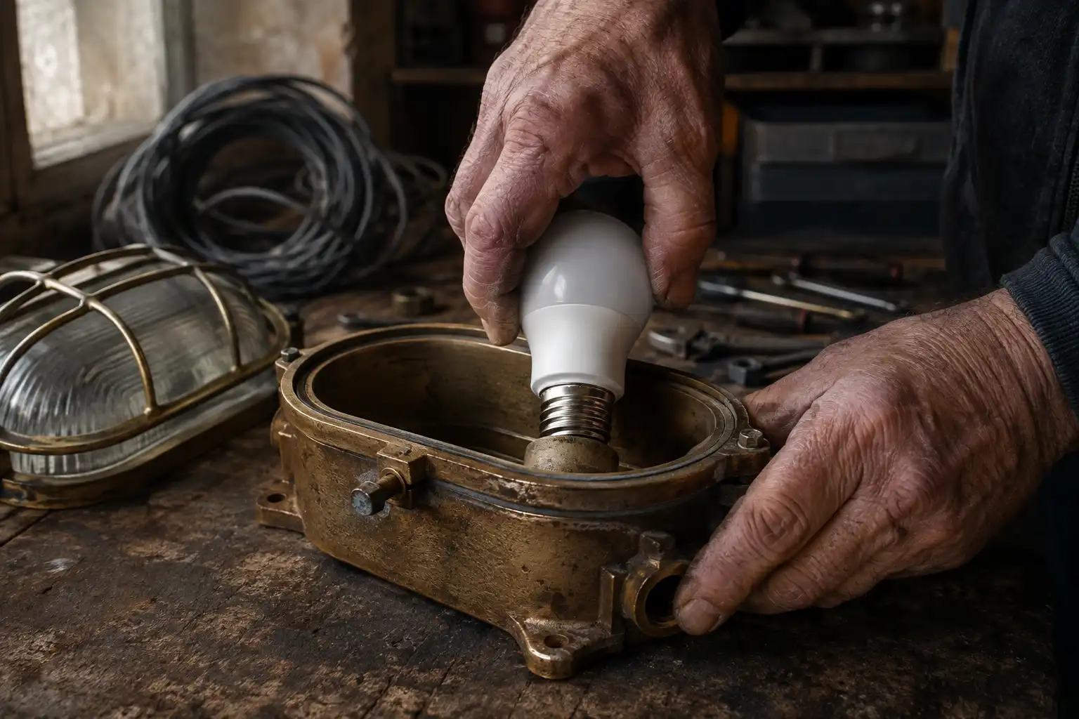 Fitting a frosted LED bulb into a salvaged brass bulkhead light at our Chattogram workshop