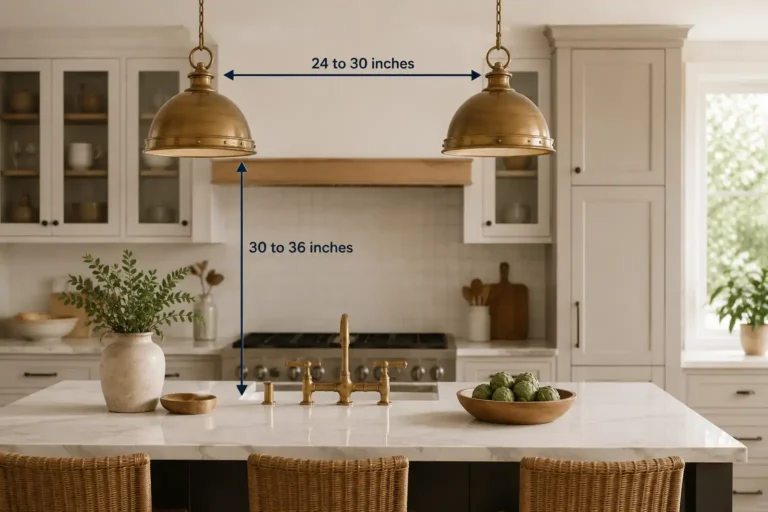 Diagram showing pendant lights hung 30 to 36 inches above a kitchen island countertop