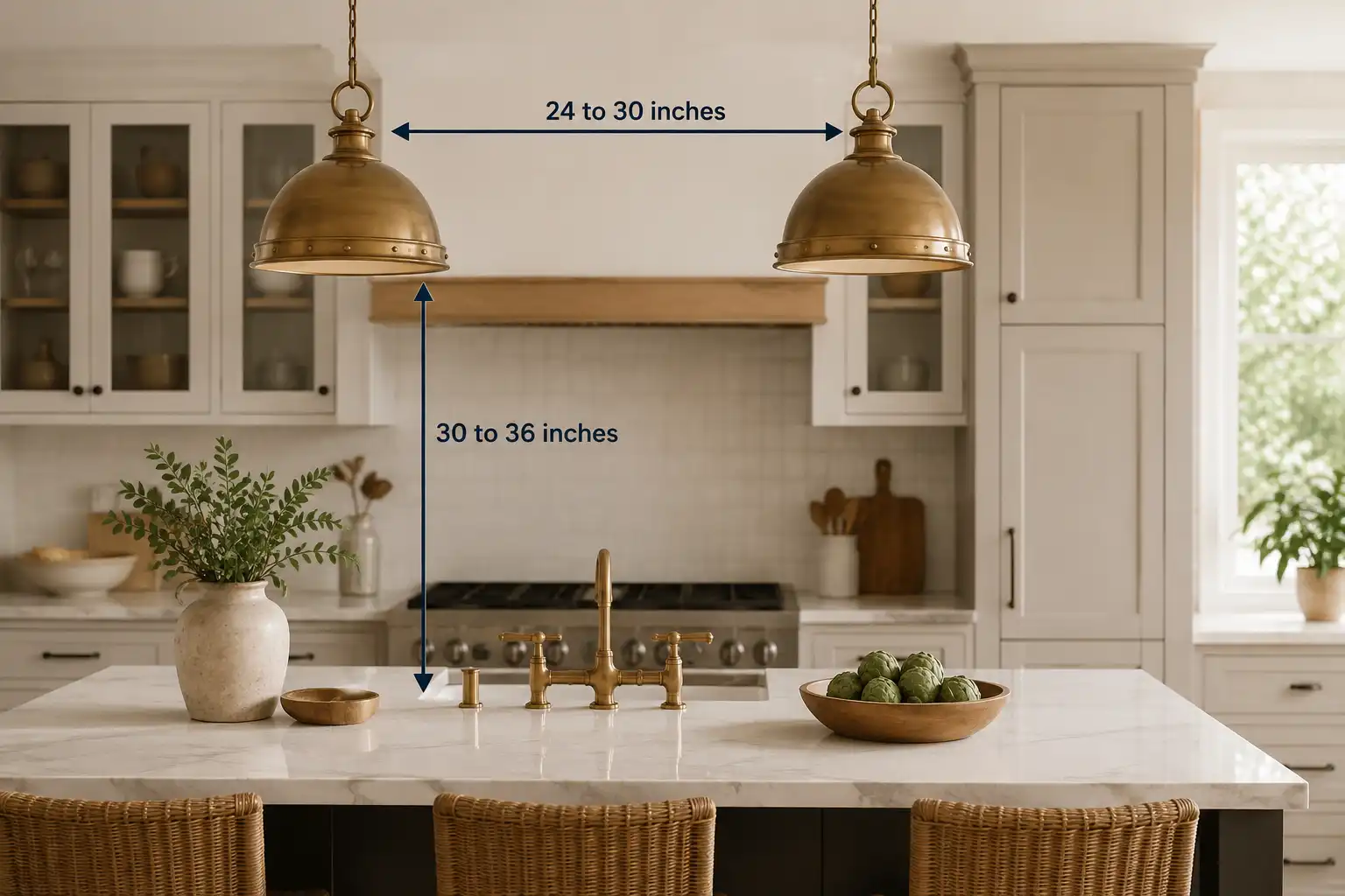 Diagram showing pendant lights hung 30 to 36 inches above a kitchen island countertop