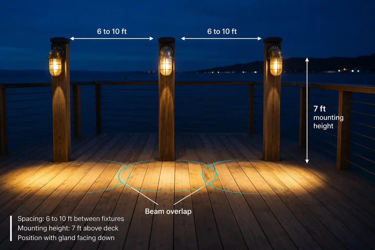 Deck light spacing guide showing measured distance and mounting height between brass ship deck lights
