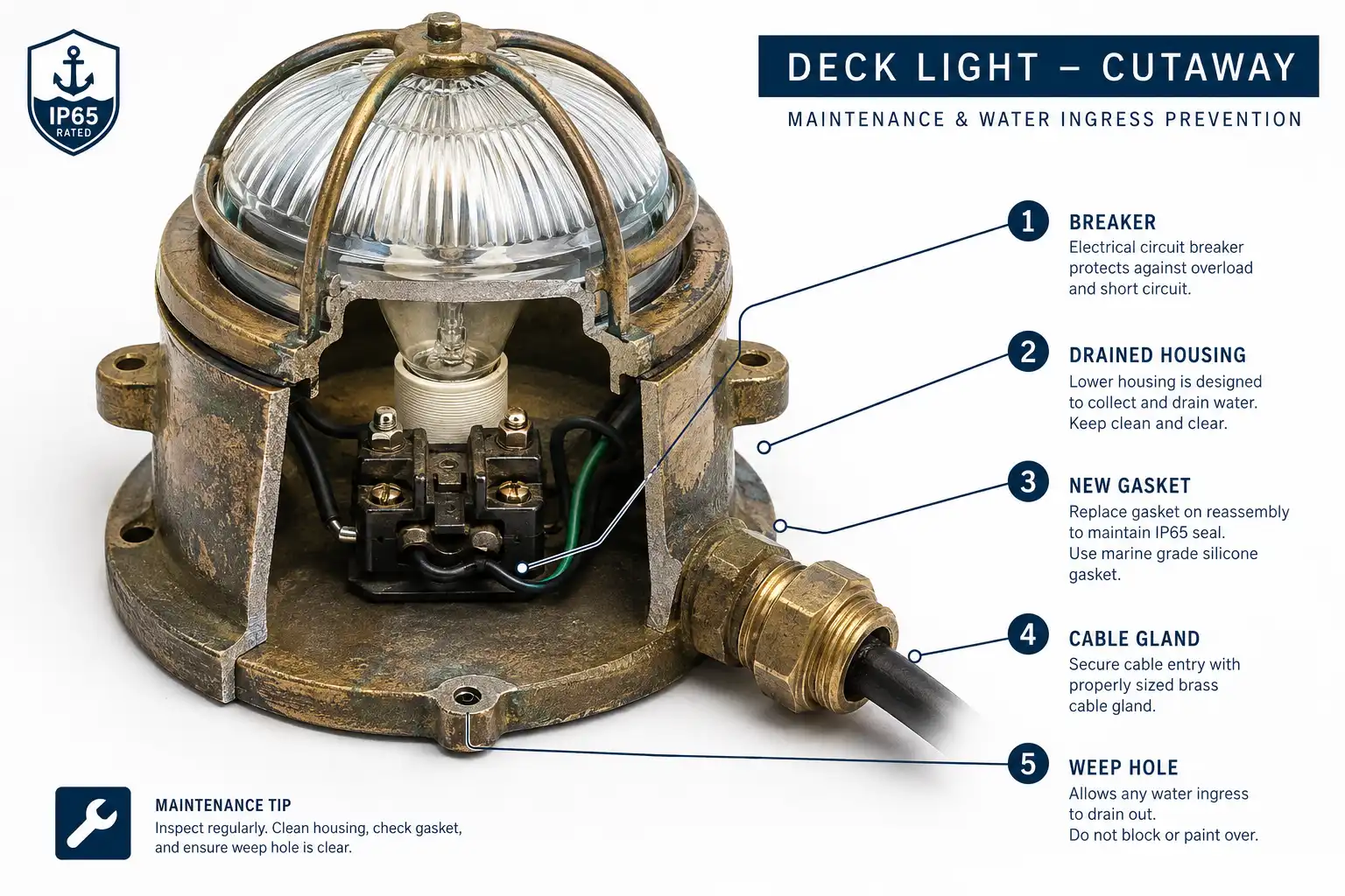 Cutaway brass deck light showing the repair steps for water inside a deck light housing
