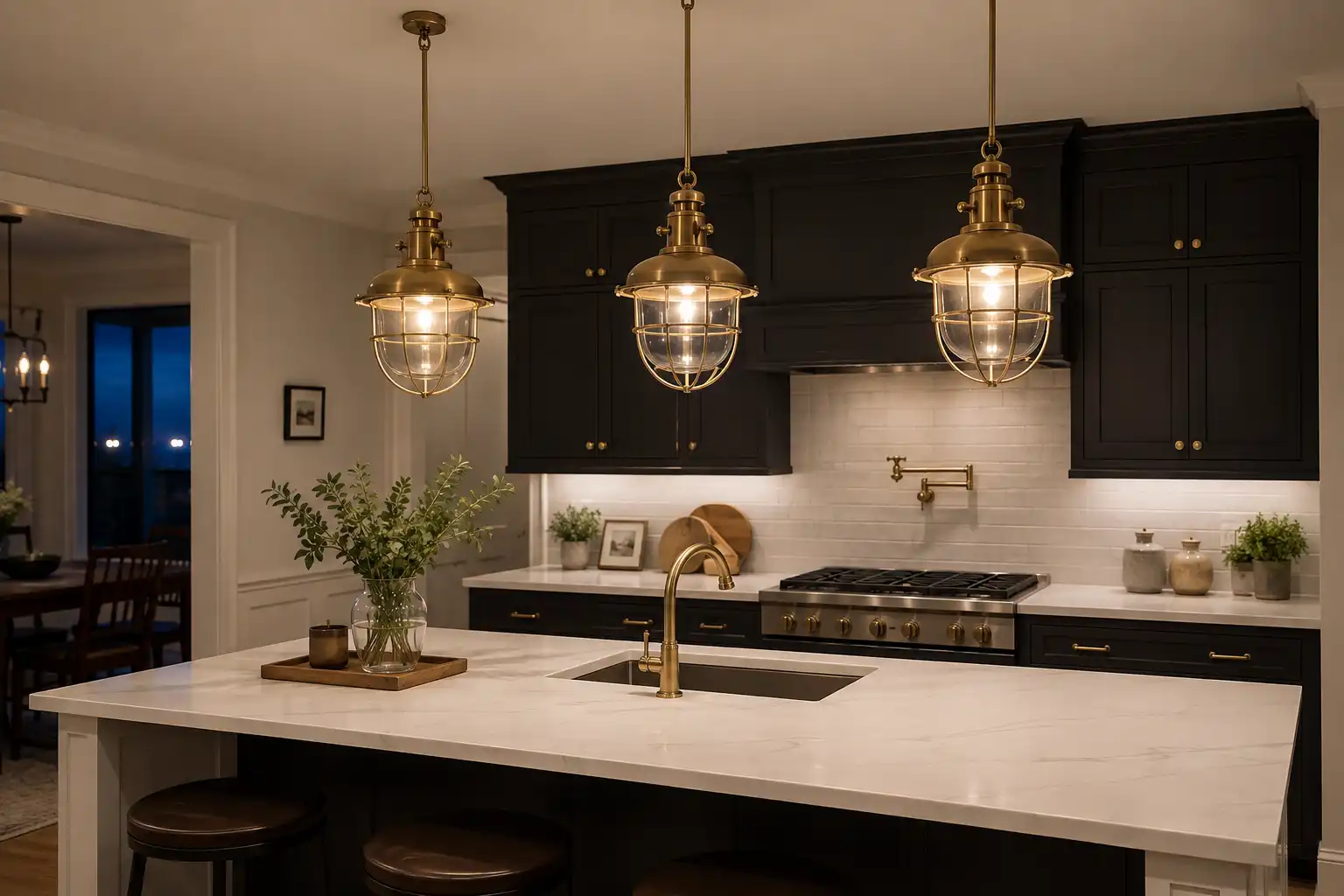 Three brass nautical pendant lights hanging above a kitchen island in a modern home