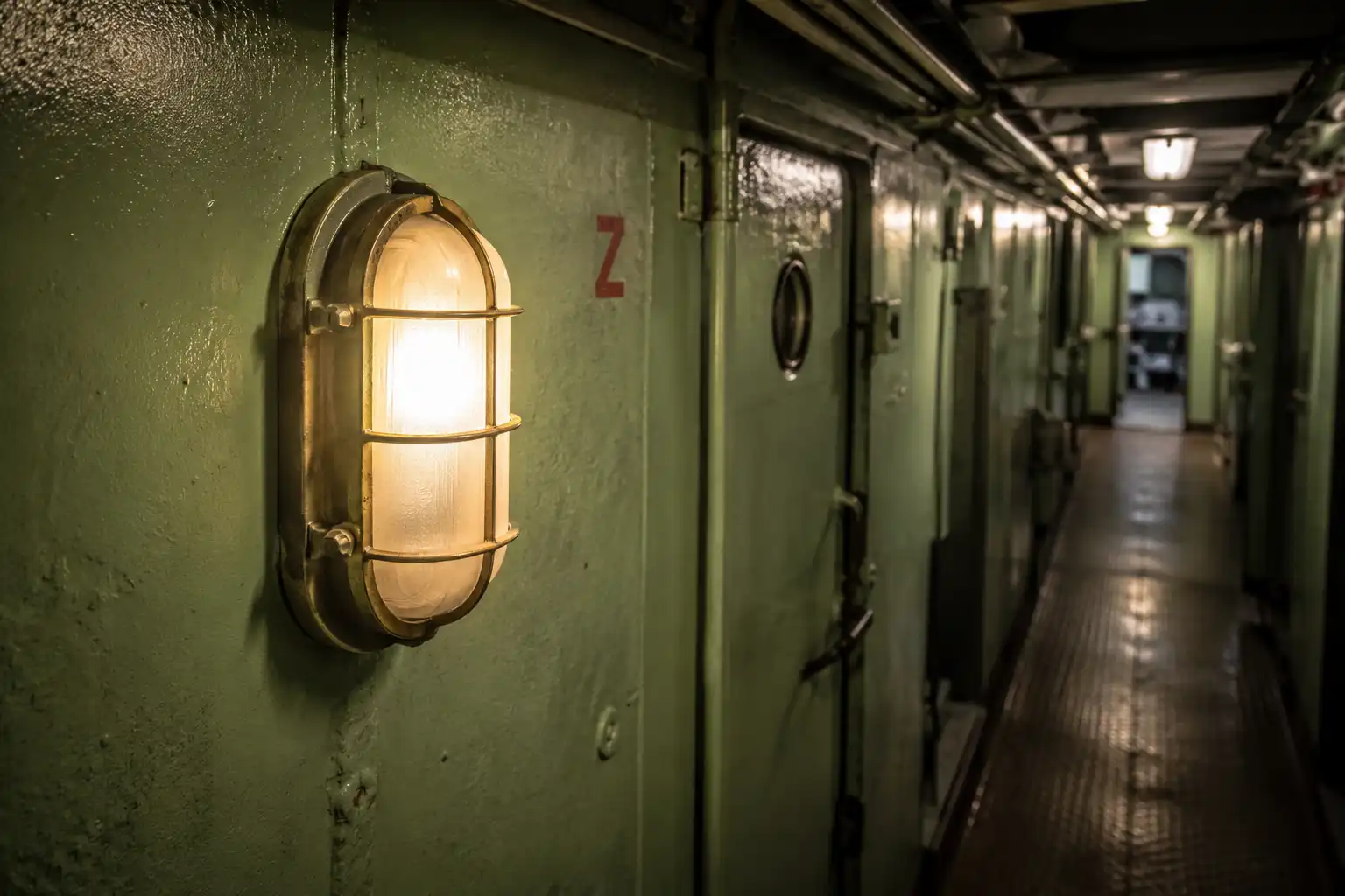 Oval brass passageway light lighting a narrow ship alleyway below deck on a salvaged cargo vessel