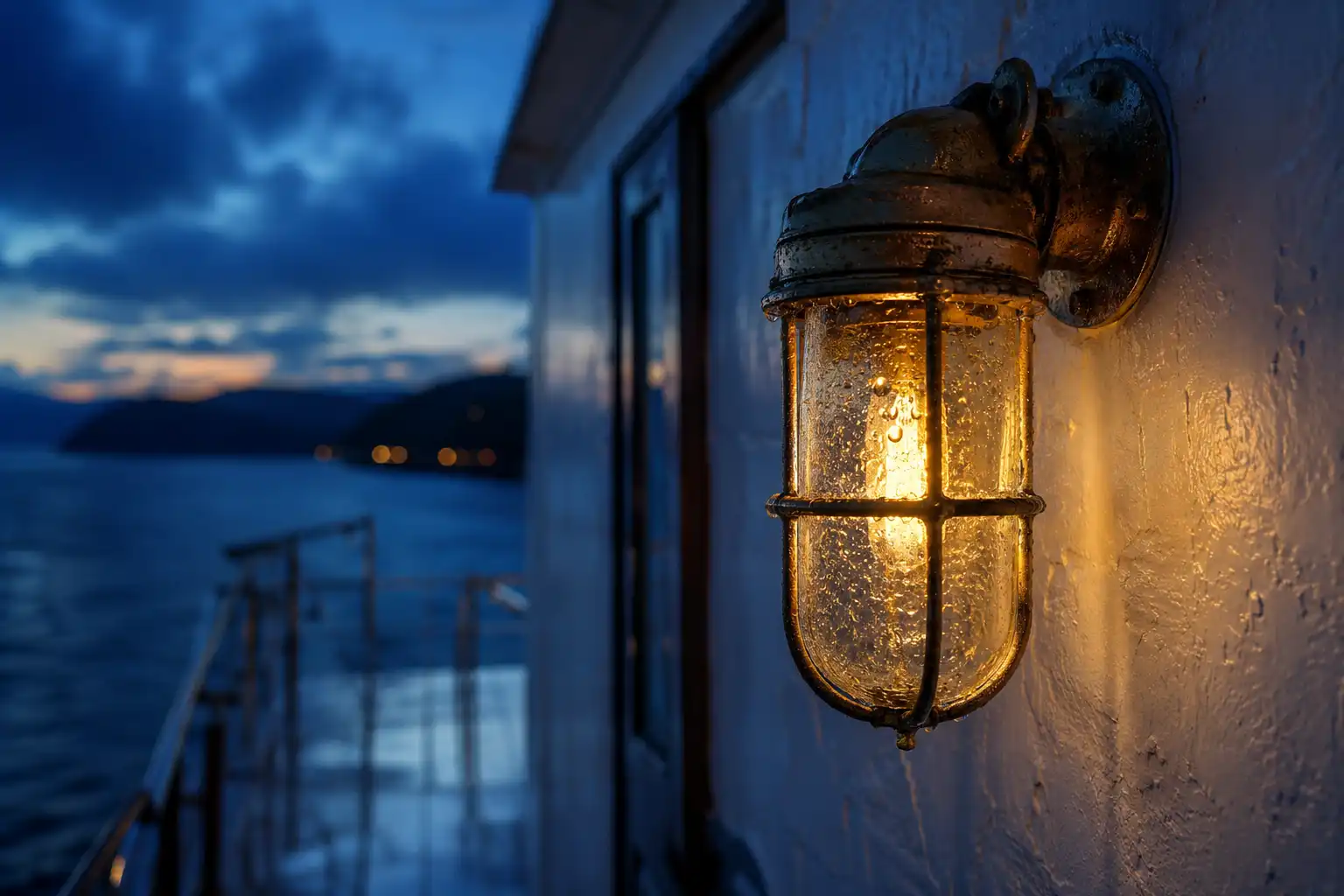 Restored brass ship deck light glowing on an exterior wall after resealing against water ingress