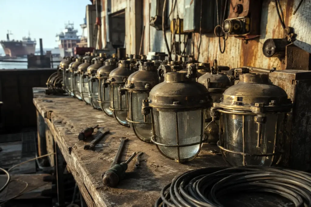 Reclaimed ship pendant lights on a workbench at our Chattogram salvage yard in Bangladesh