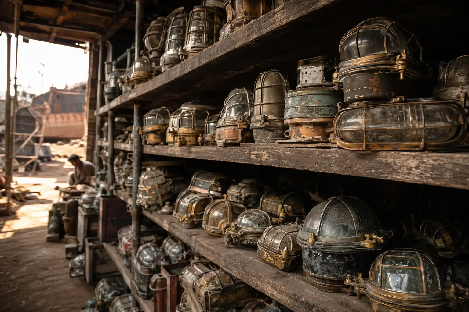 Reclaimed brass ship lights stacked on shelves at our salvage yard in Chattogram, Bangladesh