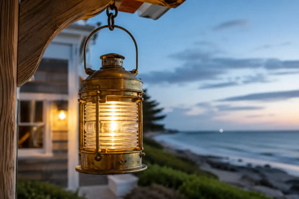 Reclaimed brass ship lantern glowing on a coastal porch beam at dusk after leaving our Bangladesh yard