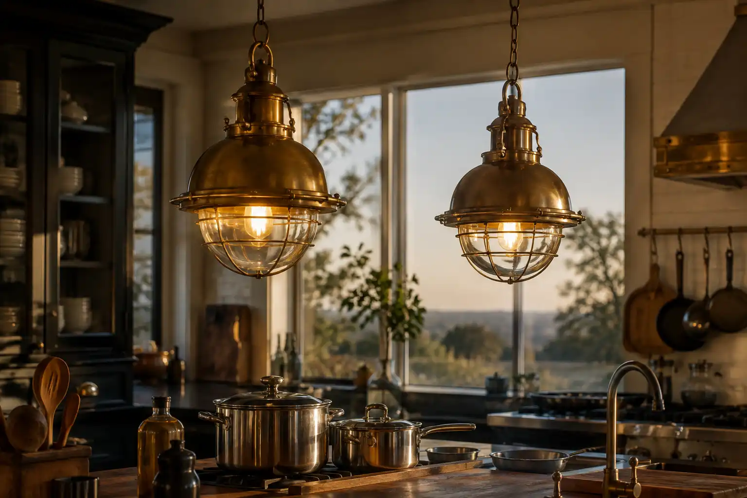 Salvaged brass ship pendant lights hung at task height over a kitchen island in a modern home