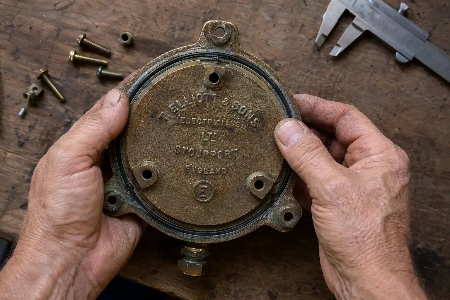 Worker reading the maker stamp on a salvaged brass companionway fixture at our Chattogram yard