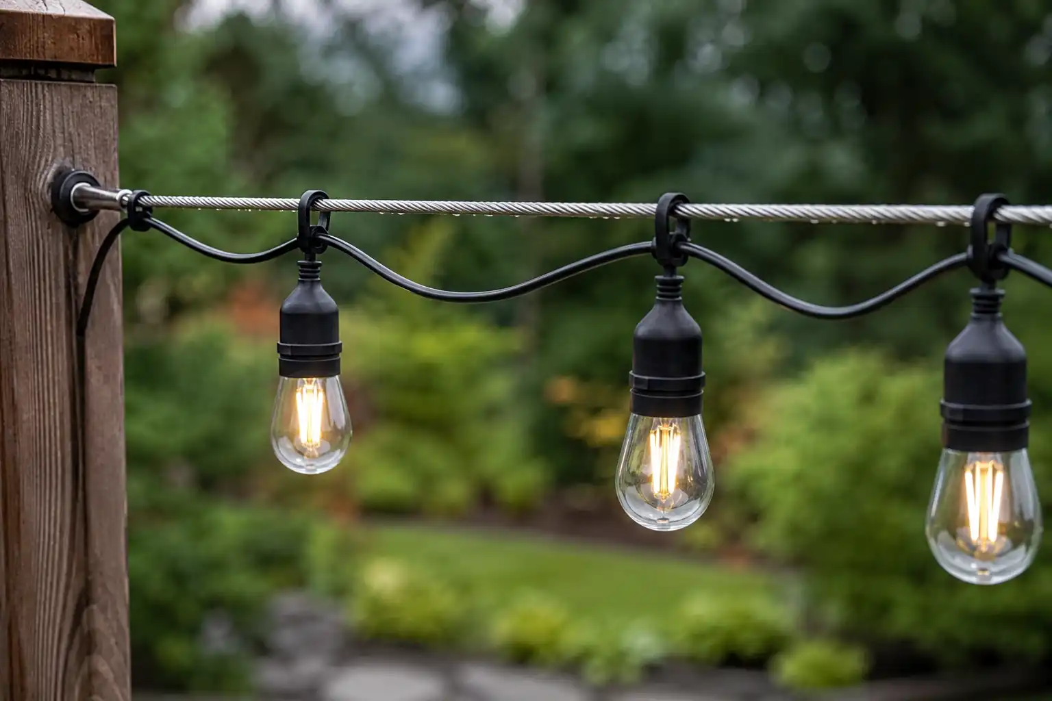 String light cord attached to a taut stainless steel guide wire with UV rated zip ties spaced evenly