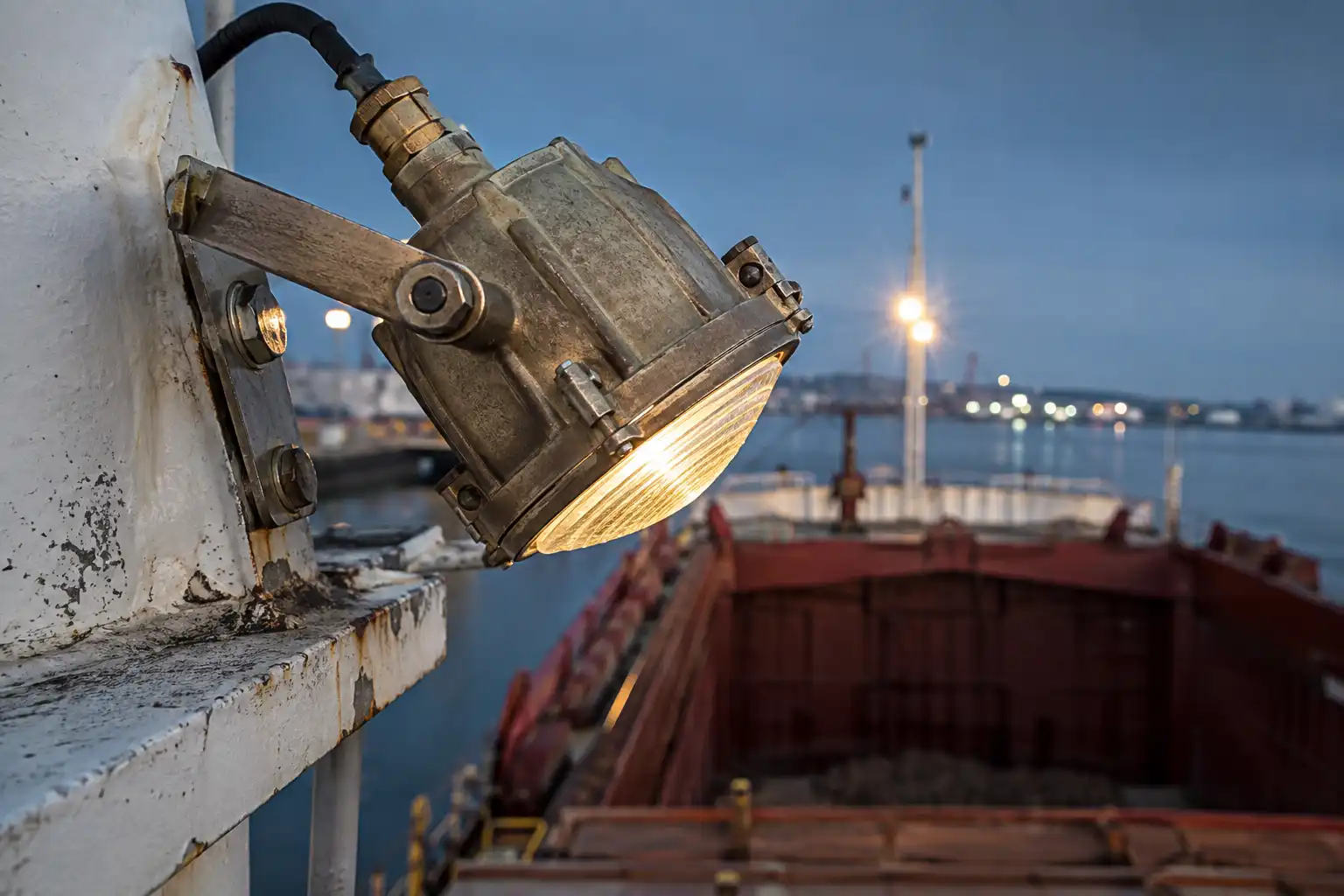 Brass marine floodlight angled over an open cargo hatch, salvaged from a vessel in Chattogram, Bangladesh