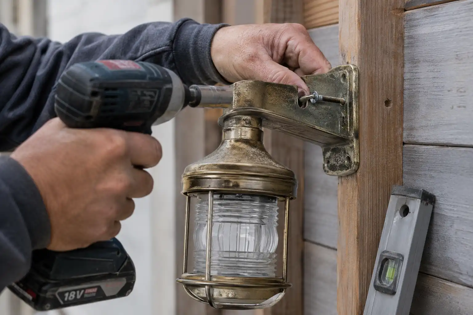 Stainless bolt fixing a salvaged deck light bracket into wall framing, hardware from Chattogram