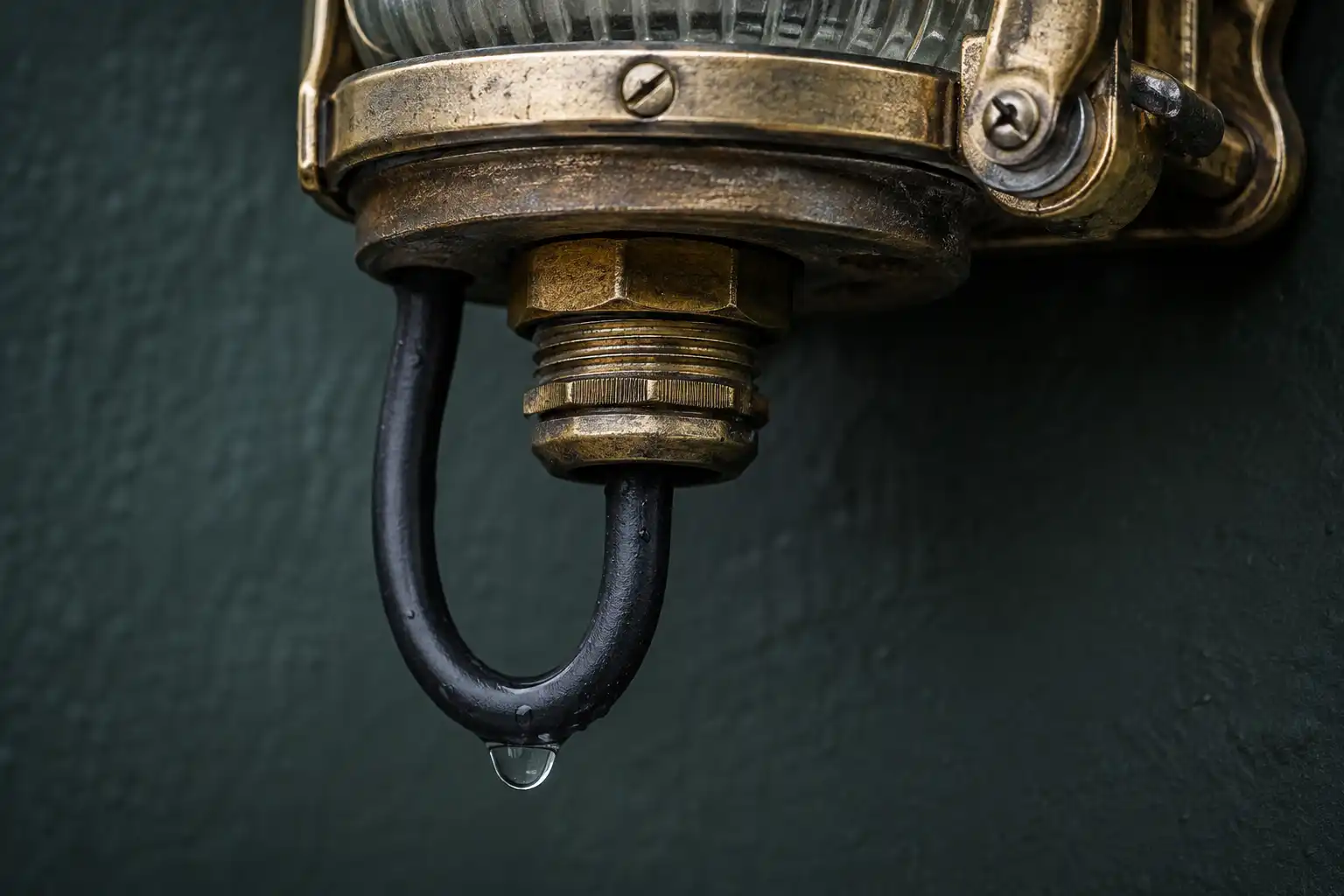 Downward facing cable gland and drip loop on a vintage marine deck light salvaged in Bangladesh
