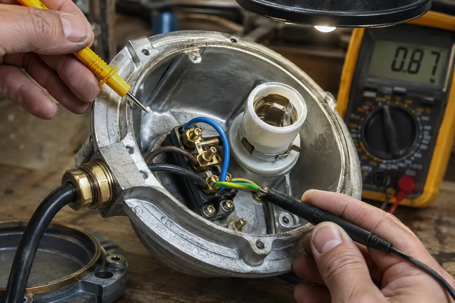 Multimeter testing earth continuity on a rewired marine deck light body, Chattogram salvage bench