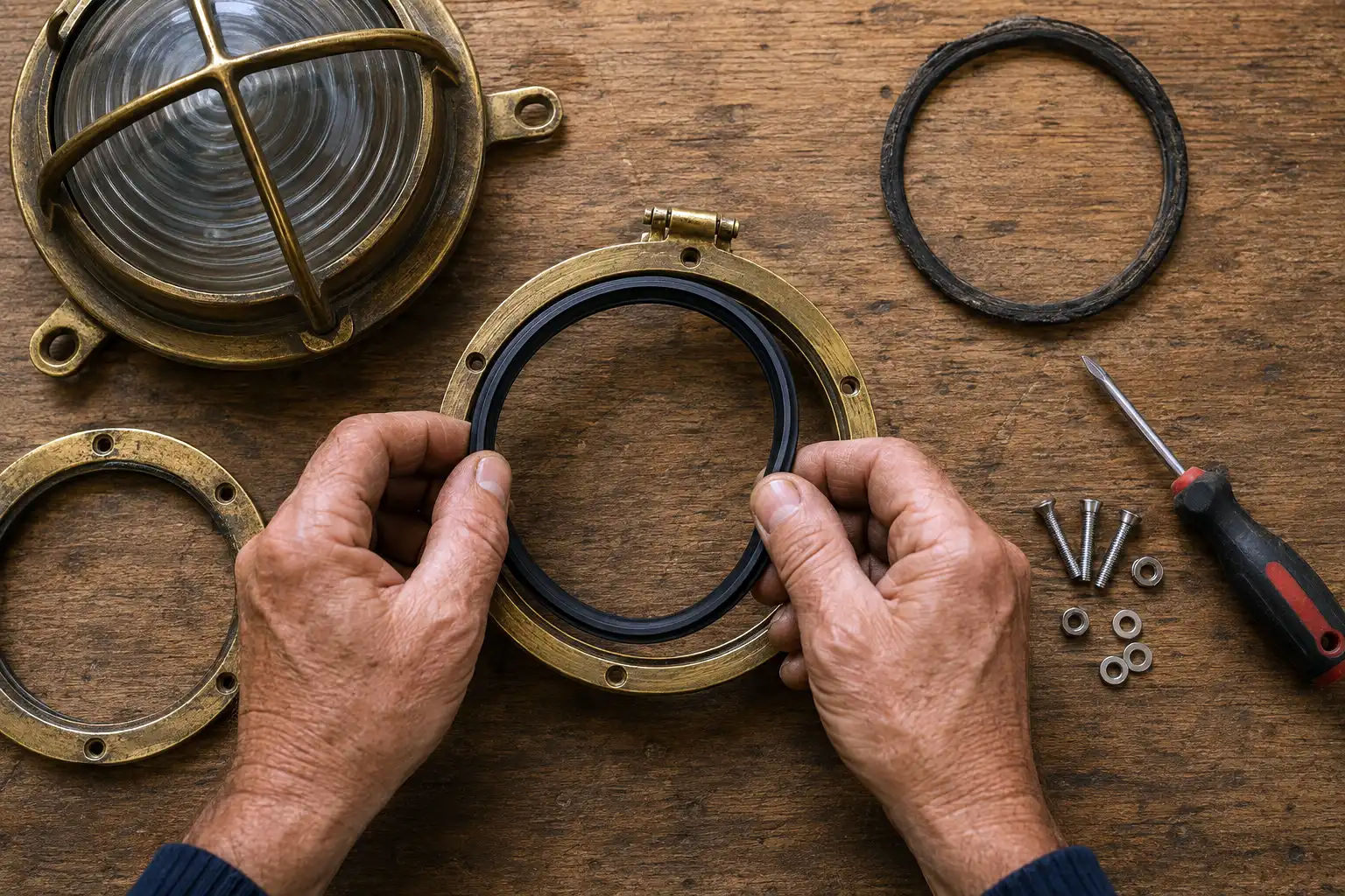 fitting a new silicone gasket to the glass ring of a brass ship deck light on a workbench